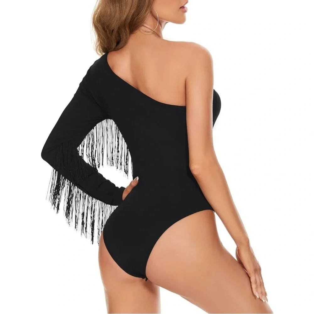 One-shoulder fringe bodysuit - black - small